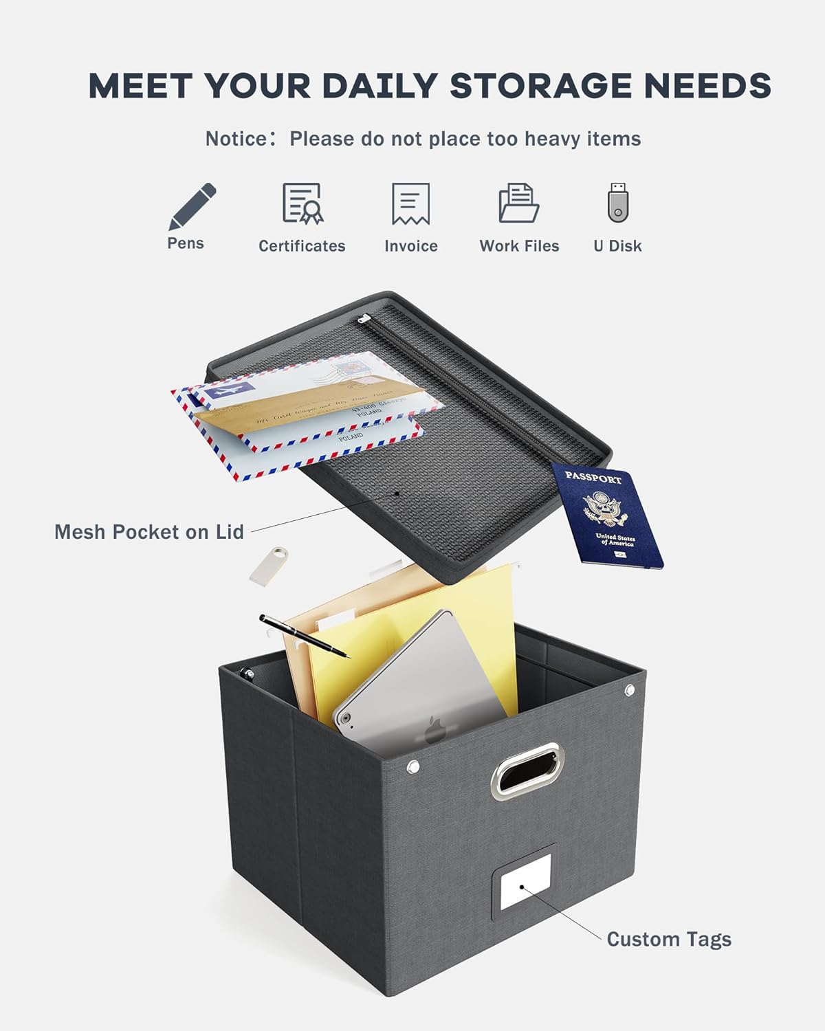 Oterri File Organizer Box with Lid, Hanging Filing File Box with Mesh Pocket, Document Organizer Box for Letter Files, Portable Storage Box with Smooth Sliding Rail for Office&Home (1 PCS, Beige)