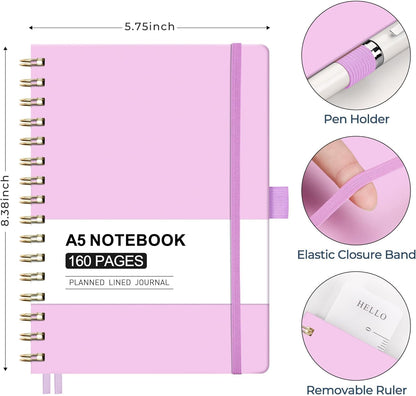 AHGXG Spiral Journal Notebook, 160 Lined Pages, A5 Medium Size (5.7'' x 8.3''), for Men & Women, Journaling, Writing, Work & Office, Hardcover, 100 GSM Thick Paper (Light Green)