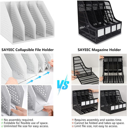 SAYEEC 1Pcs Collapsible Plastic Magazine File Holder Vertical Binder Storage Organizer for Desk Sturdy Upright Desktop Magazine Organizer Folder Rack for Office School Home (3 Compartments, Gray)