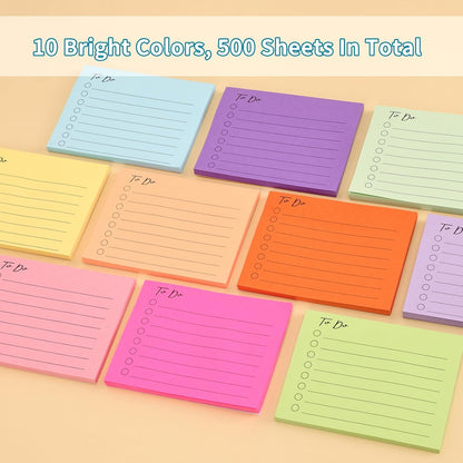 10 Pack to Do List Notepad Lined Sticky Notes, 3"x4", 500 Sheets, Sticky Notes with Lines, to Do List Planner, Square Sticky Notes for Office, Meeting, School, Home