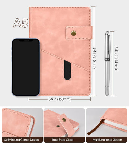 Lined Journal Notebook with Pen, A5 Personalized Hardcover Leather Journal for Men Women, 200 Pages 100 GSM Thick Paper College Ruled Notebooks for Work Travel School Writing Diary 5.9" X 8.4" Black