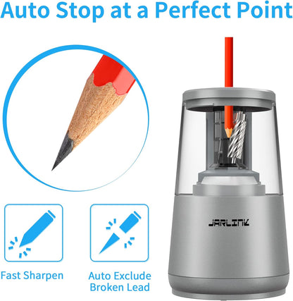 JARLINK Electric Pencil Sharpener, Heavy-Duty Helical Blade to Fast Sharpen, Auto Stop for No.2/Colored Pencils(6-8mm), AC Adapter/Battery Operated in School Classroom/Office/Home (Black)