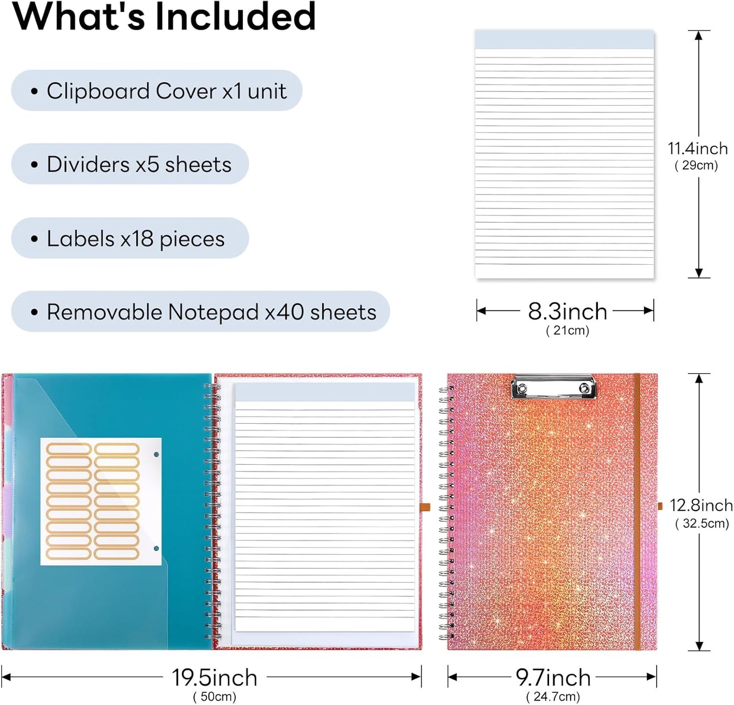 Glitter Clipboard Notebook with Storage for Letter Size, 8.5 x 11 Notepad Holder with 5 Folders and Dividers, Size 12.8X 9.7 in, Spiral Portfolio for Nursing Teacher School Supplies,.Teal