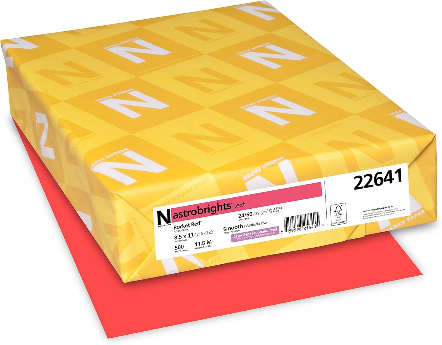 Neenah Astrobrights® Bright Color Paper, Letter Size Paper, 24 Lb, FSC Certified, Rocket Red, Ream Of 500 Sheets