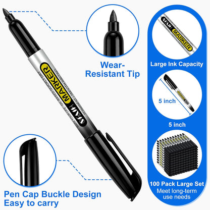 SFAIH 100 Black Permanent Markers Bulk -1s Quick Drying, Fine Point Markers for Write Mark, School, Office, Warehouse, Business, Logistics, Durable, Waterproof Ink on Paper, Plastic, Metal, Cardboard