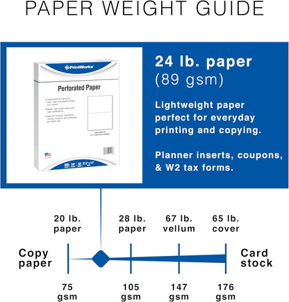 PrintWorks Professional 3 2/3" Horizontal Perforated Paper 8.5” x 11” - Perfect For W-2, 1099, & Statement Use - Made in the USA - 500 Sheets - 20 lb - Printer Compatible - White (04124)