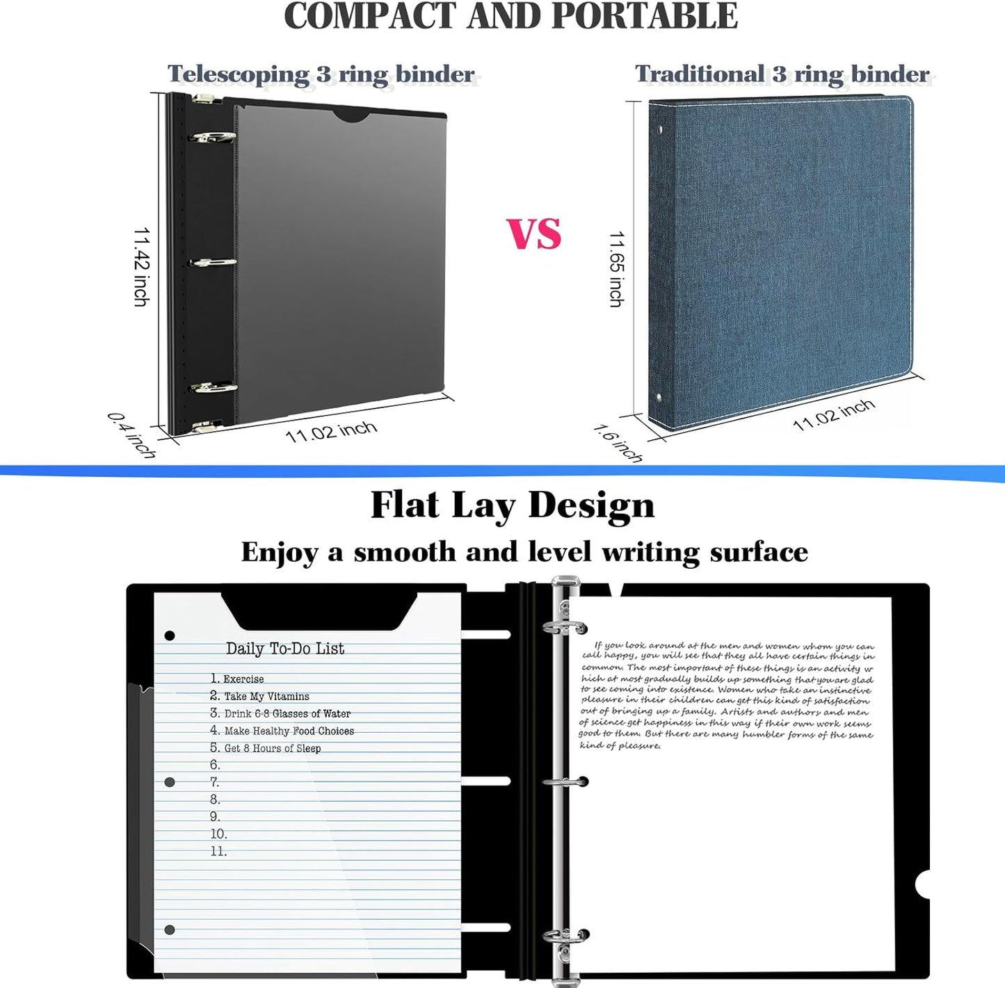 INFUN 1 Inch Telescoping 3 Ring Binder - 6PCS, Flexible Round Binder with Customizable Front Cover and Clear Catalog Pocket, 1Inch Rings, 225 Sheet Capacity-White