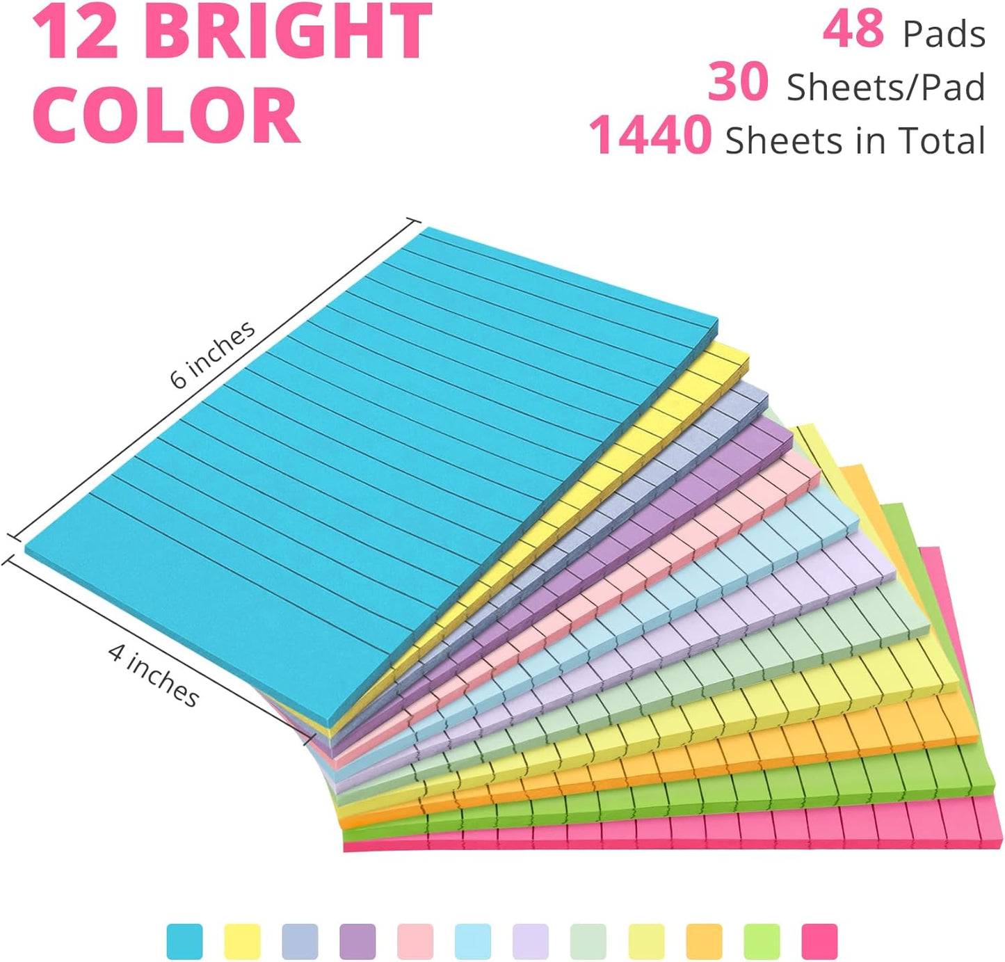 Lined Sticky Notes, 24 Pads, 4x6 Inches, Large Sticky Notes with Lines, Memo Note Pads in Multi Colors, 30 Sheets/Pad, Super Sticking Power for Office ＆ Home & Planning - Bright