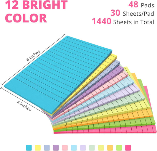Lined Sticky Notes, 24 Pads, 4x6 Inches, Large Sticky Notes with Lines, Memo Note Pads in Multi Colors, 30 Sheets/Pad, Super Sticking Power for Office ＆ Home & Planning - Bright