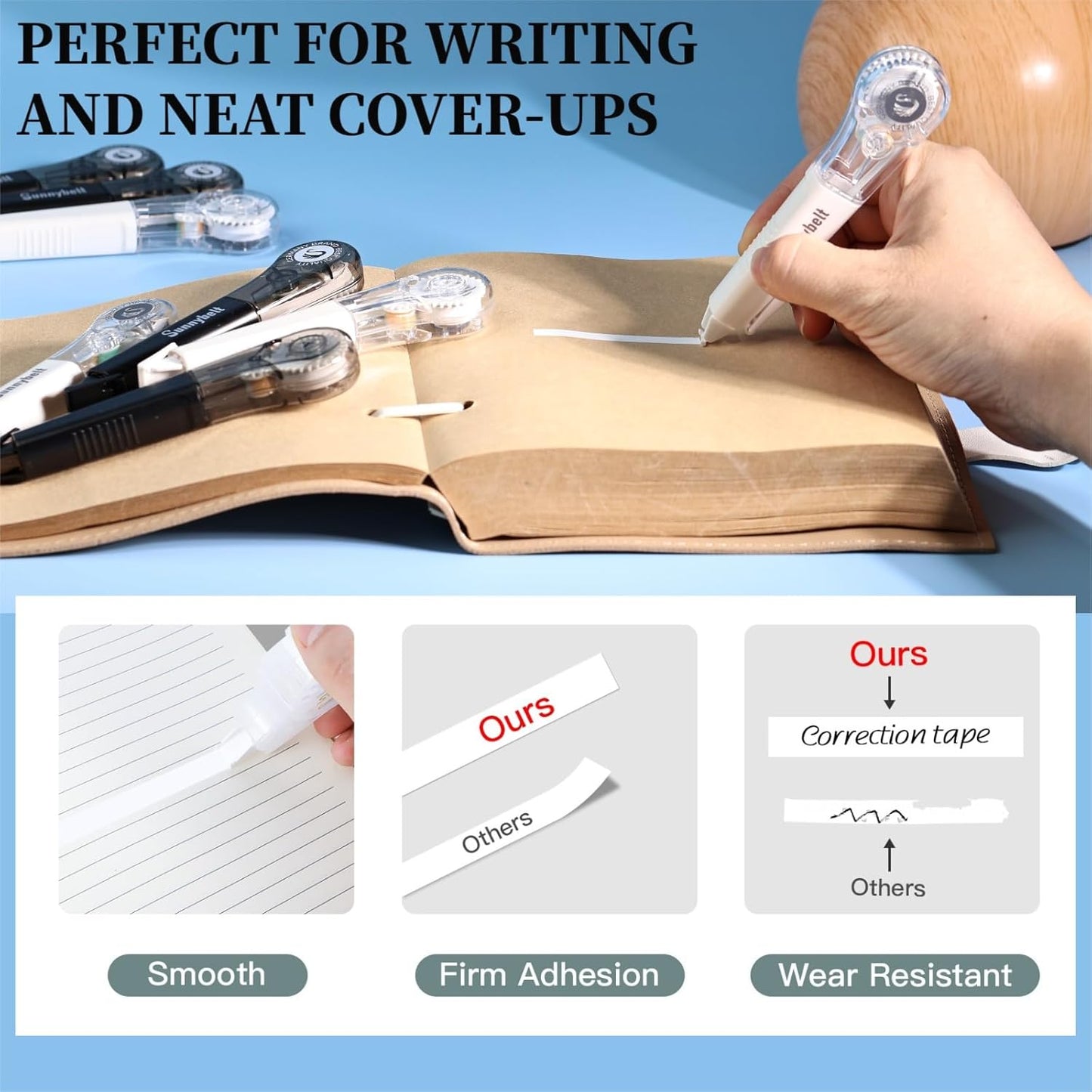 19.69ft Correction Tape Pen, 5-Count Pack, Dry Instantly, Stretch Resistant, not Easy to Break, as Smooth as Writing, Perfect for School, Office Supplies, Black White Red Yellow Blue