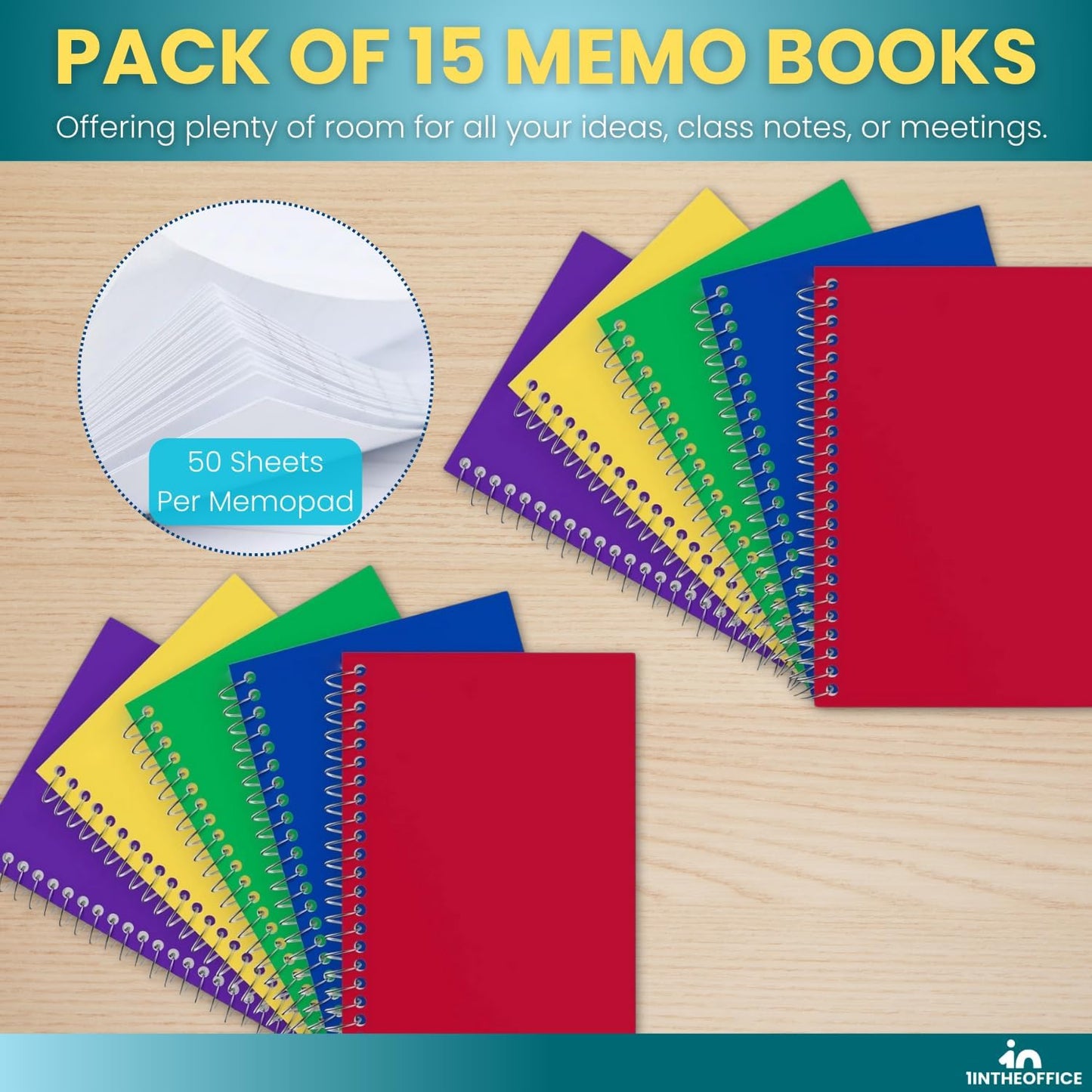 1InTheOffice Small Spiral Notebook 4x6, Spiral Memo Pads, College Ruled, Small Notepads 4X6 inches, Assorted Colors, 50Sheets/Pad, 15 Pack