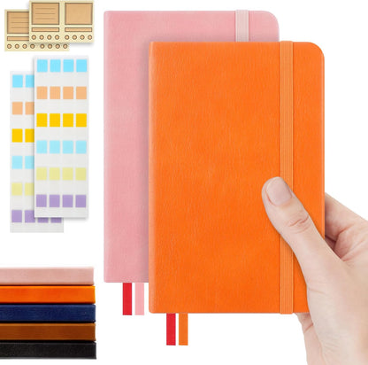 Pocket Dotted Notebook, 2-Pack Dot Grid Notebook, Dotted Journal with Stickers, 3.5" x 5.5" Hardcover, Small Mini A6 size, 160 Pages, 100 gsm Thick Paper, Cognac Brown