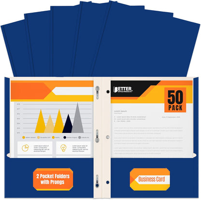 Better Office Products Blue Paper 2 Pocket Folders with Prongs, 50 Pack, Matte Texture, Letter Size Paper Folders, 50 Pack, with 3 Metal Prong Fastener Clips, Blue