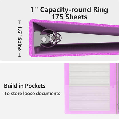 3 Ring Binder, Glitter 1 inch Binder Organizer, 8.5" x 11" Letter Size, Waterproof Fashion View Binders, Cute Binder for Office School Supplies (Pink)