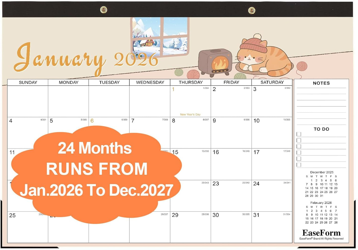 24 Month Desk Calendar 2026-2027, Runs from January 2026 to December 2027, Large 17"x12" Desktop/Wall Monthly Calendar, 2 Year Academic Calendar with Note & To Do for Home, School or office