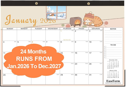 24 Month Desk Calendar 2026-2027, Runs from January 2026 to December 2027, Large 17"x12" Desktop/Wall Monthly Calendar, 2 Year Academic Calendar with Note & To Do for Home, School or office