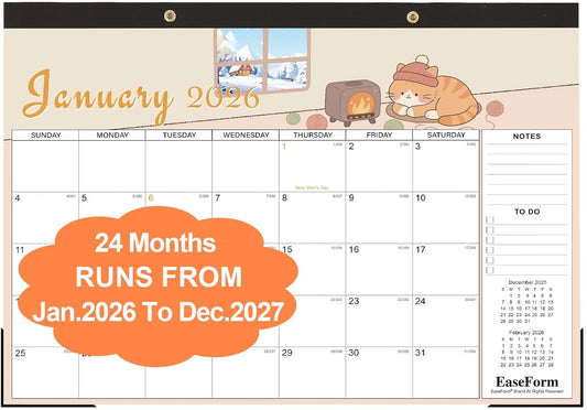 24 Month Desk Calendar 2026-2027, Runs from January 2026 to December 2027, Large 17"x12" Desktop/Wall Monthly Calendar, 2 Year Academic Calendar with Note & To Do for Home, School or office