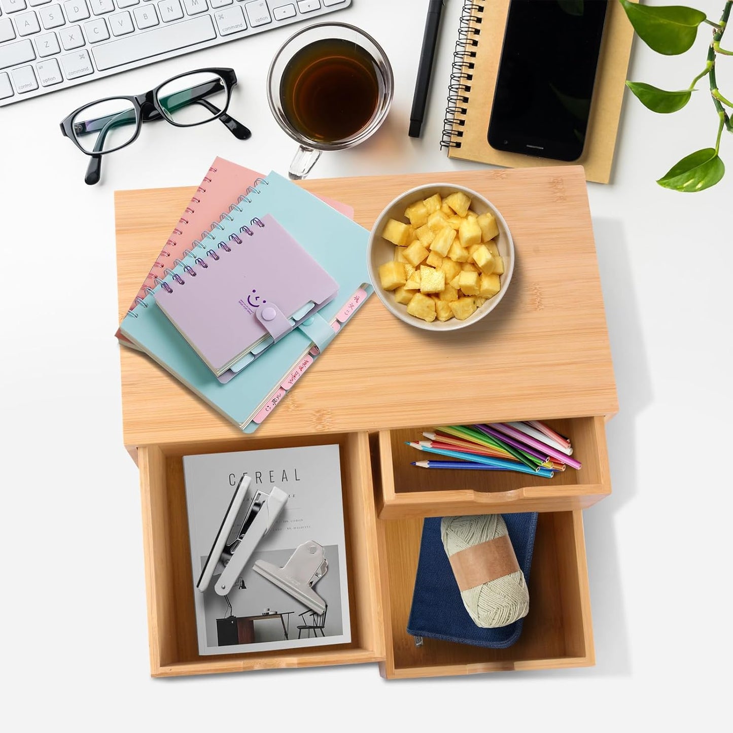 Charmewooden Bamboo Desk Organizer With Drawers Countertop Drawers Counter Storage Box Corner Desk Organizer for Home Office No Assembly Required (3 Drawers)