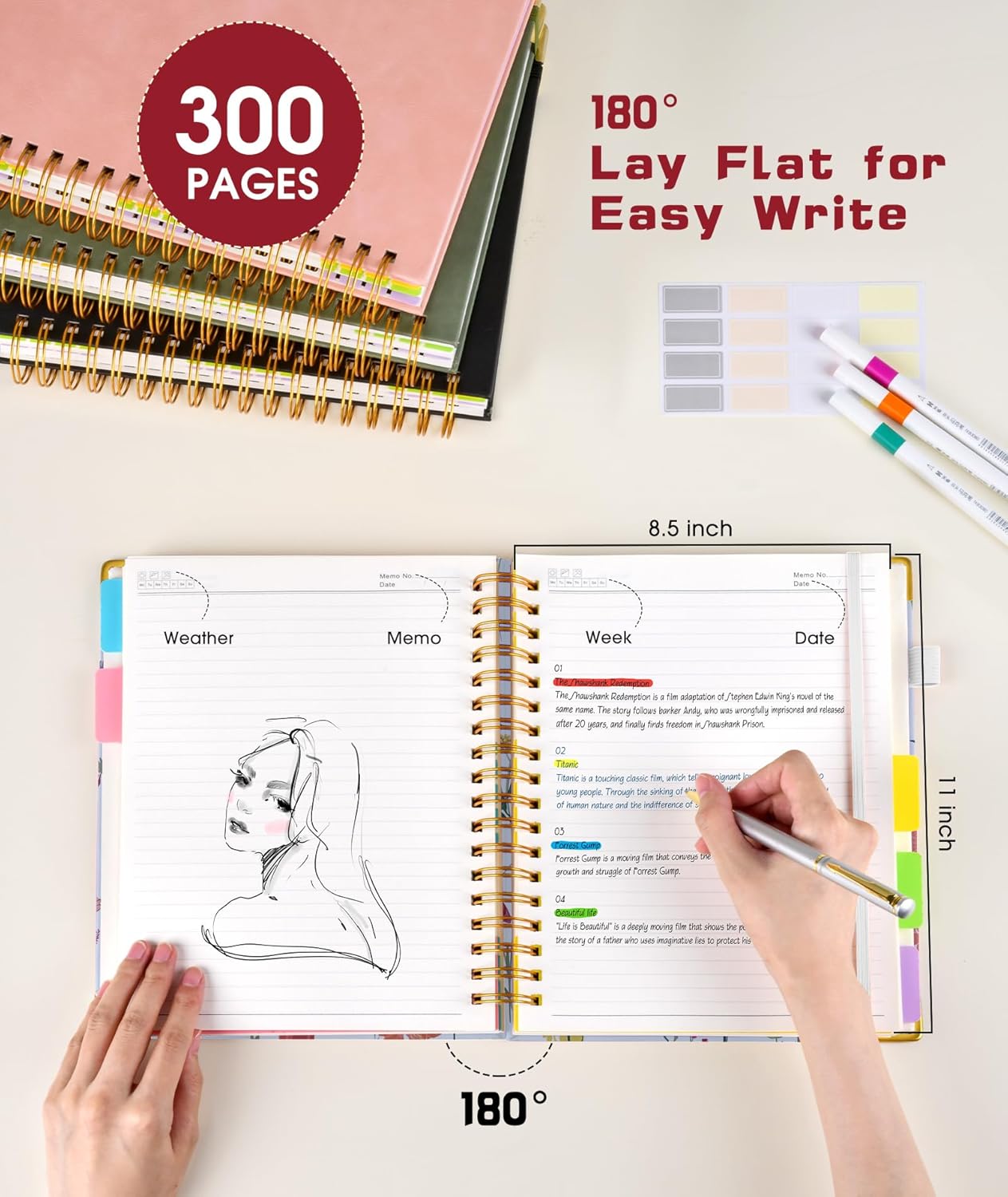 Hardcover Spiral Notebook Journal with Removable Dividers Tabs, 300 Pages Leather 5 Subject Notebook College Ruled, 8"x10" Large B5 Notebooks for Work School Note taking, Lined Journal for Women, Pink