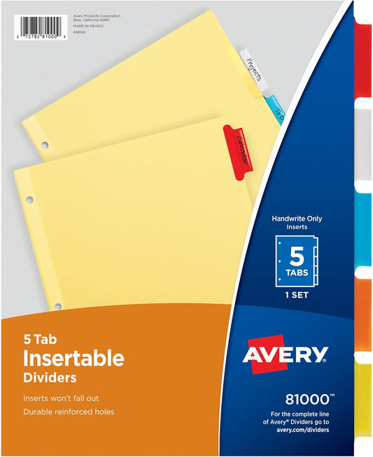 Avery Insertable Dividers for 3 Ring Binders, 5-Tab Set, Buff Paper, Multicolor Divider Tabs, 1 Set of Binder Dividers, Great for Organizing Projects, Reports, Finances, and More (81000)
