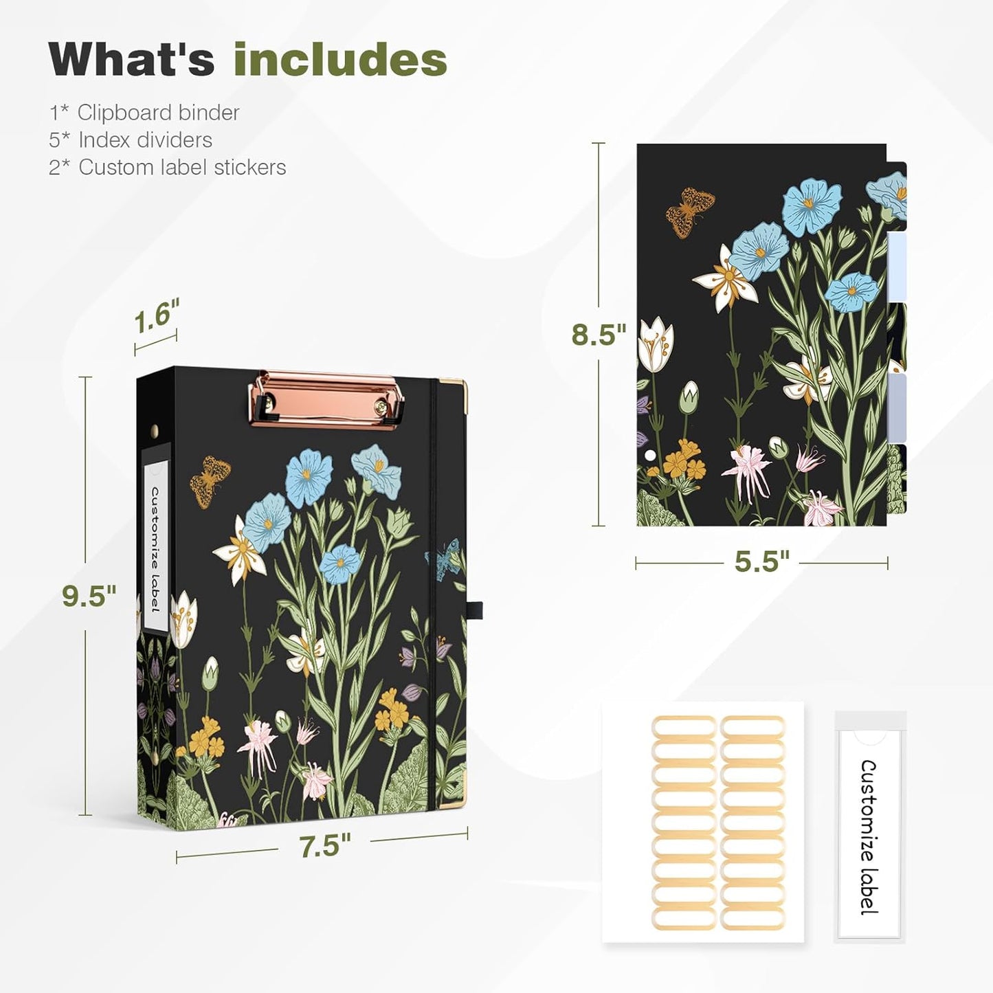 Ospelelf Binder 3 Ring 1 Inch, Floral Round Ring Clipboard Binder for Letter Size with 5 Tab Dividers, File Folder Labels, for School and Office Supplies