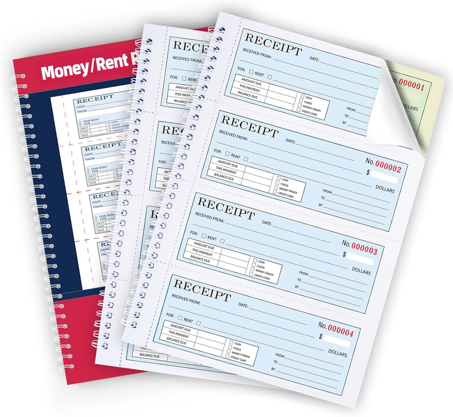 Zzrywuty Money and Rent Receipt Book with Cardboard Insert,2-Part Carbonless,5.3”x11.2” Spiral Bound,200 Sets per Book,4 Receipts per Page for Office Supplier,Rent and Cash Transaction