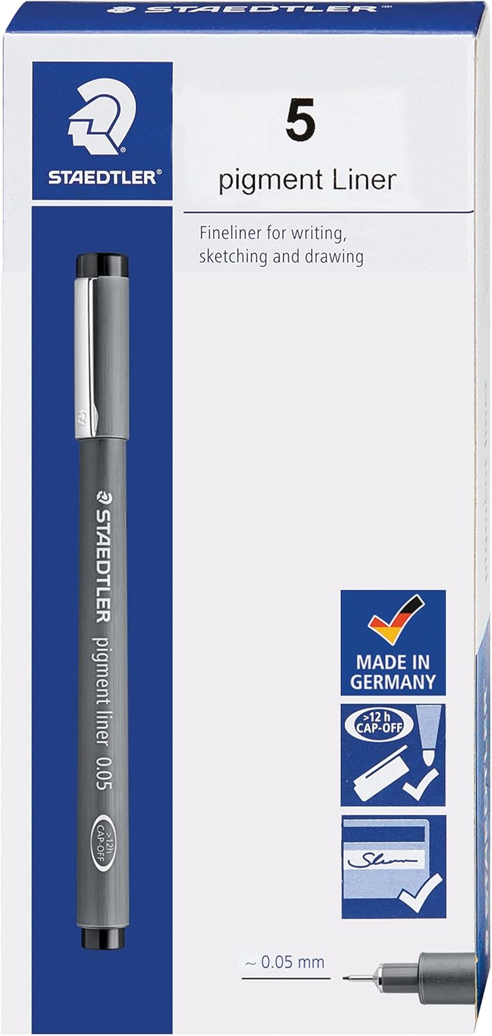 Staedtler Pigment Liner Pack, Black, 8 Pens, Assorted Line Widths, 0.05mm, 0.1mm, 0.2mm, 0.3mm, 0.5mm, 0.8mm, 1.0mm, 1.2mm