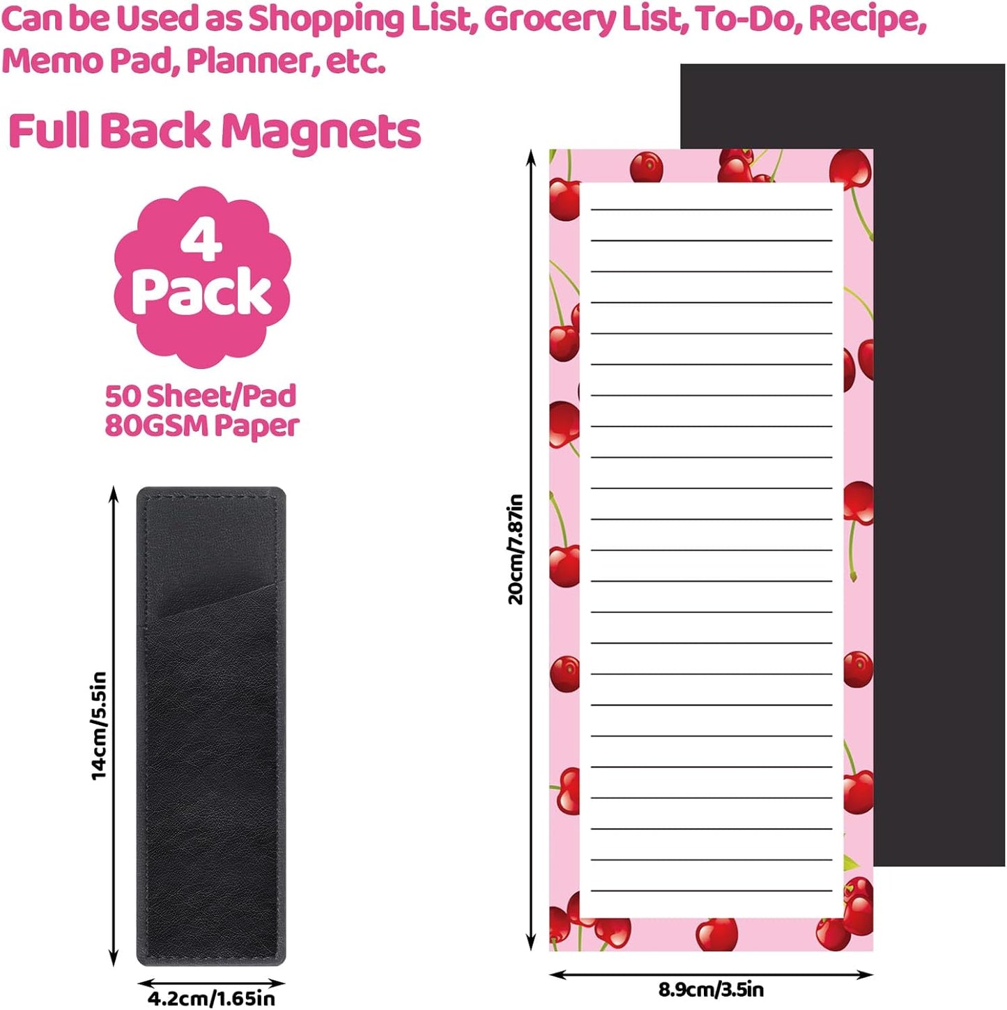 Thboxes 4 Pack Magnetic Note Pad for Fridge with Pen Holder, Totally 200 Sheets Grocery List Magnet Pad for Refrigerator Magnetic Shopping List Pad（Fruit Design）