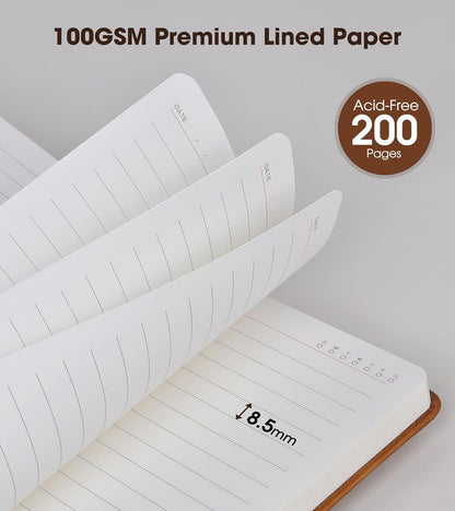 Lined Journal Notebook with Pen, A5 Personalized Hardcover Leather Journal for Men Women, 200 Pages 100 GSM Thick Paper College Ruled Notebooks for Work Travel School Writing Diary 5.9" X 8.4" Black