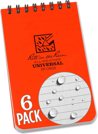 Rite in the Rain Weatherproof Top Spiral Notebook, 3" x 5", Black Cover, Universal Pattern, 3 Pack (No. 735-3X)