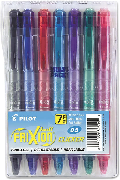PILOT FriXion Clicker Erasable, Refillable & Retractable Gel Ink Pens, Extra Fine Point, Assorted Color Inks, 7-Pack Pouch (31472)
