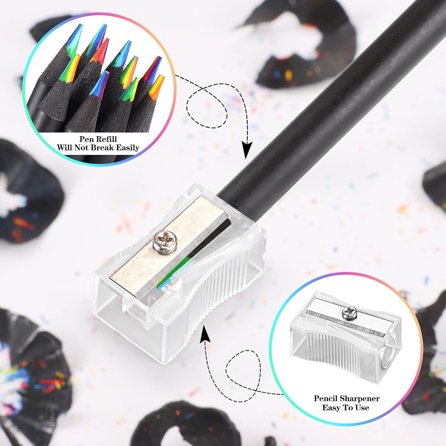 12 Pcs Rainbow Pencils with Sharpener, 7 Color in 1, Black Wooden, Art Supplies for Kids & Adults, Birthday Pencils