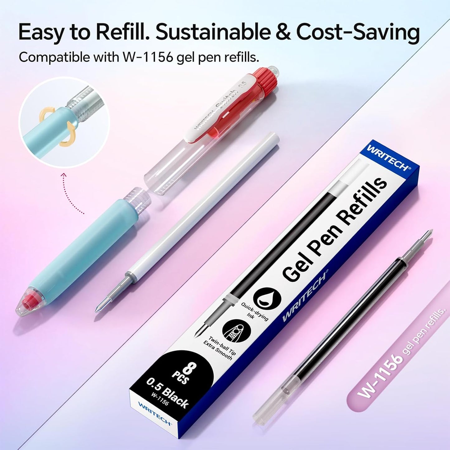 WRITECH Retractable Gel Ink Pens: 0.5mm Black-Ink Switch Between Silent and Clicky Soft Grip Fine Point Pen for Journaling Smooth Writing Quick-dry No Bleed 10ct