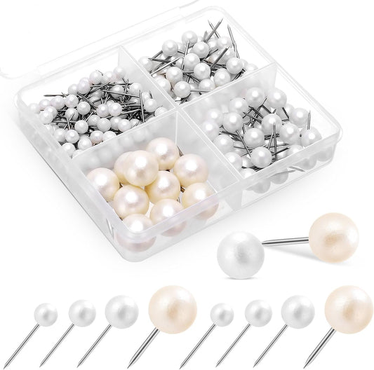200 Pcs Pearl Push Pins, Multiple Sizes White Thumb Tacks with Box, Round Pearl Head Steel Point Tack Push for Cork Board Bulletin Map DIY Photo Wall Home Office Classroom Decoration