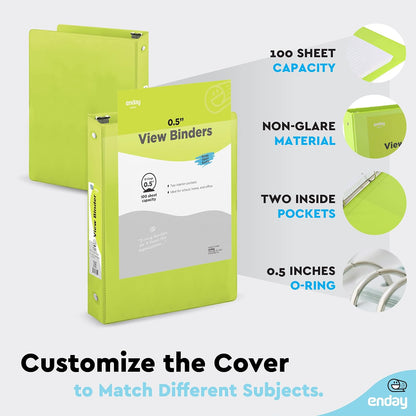 3 Inch Binder 3 Ring Binders Green, Slant D-Ring 3” Clear View Cover with 2 Inside Pockets, Heavy Duty Colored School Supplies Office and Home Binders – By Enday