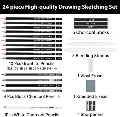 Drawing Sketching Pencil Set, 24 Piece Pro Artist Sketch Kit - Graphite Pencils (12B-4H),Charcoal Pencils for Drawing,Black and White Charcoal Pencils,Charcoal Sticks,Stumps,Eraser,Sharpeners