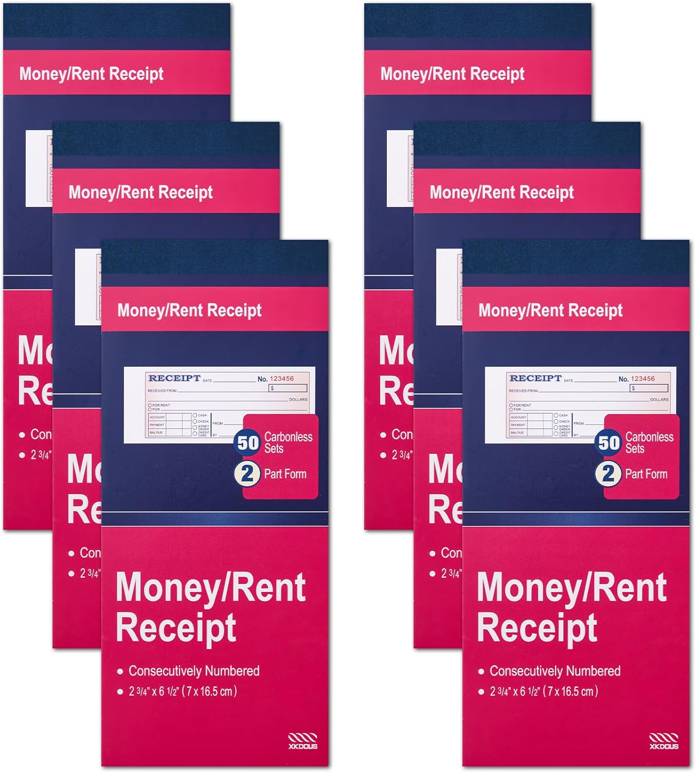 XKDOUS 2 Pack Money and Rent Receipt Book, 2-Part Carbonless, 2-3/4" x 6-1/2" Receipt Book for Small Business, 50 Sets per Book