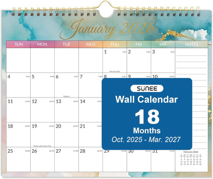 SUNEE Wall Calendar 2026 21 Months Apr. 2026 - Dec. 2027, 14.5"x11.5" Big Grid Hanging Calendar with Note for Organizing & Planning, Monthly Calendar 2026-2027 with Last Month and Next Month, White