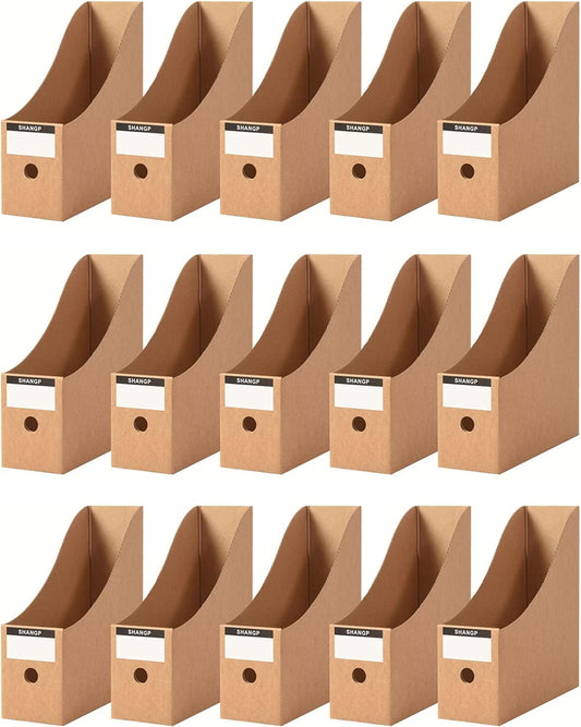 Foldable Desk File Holder Organizer Sturdy Cardboard Magazine Storage Box Document Rack with Blank Label Stickers for Home School Office (15, Brown)