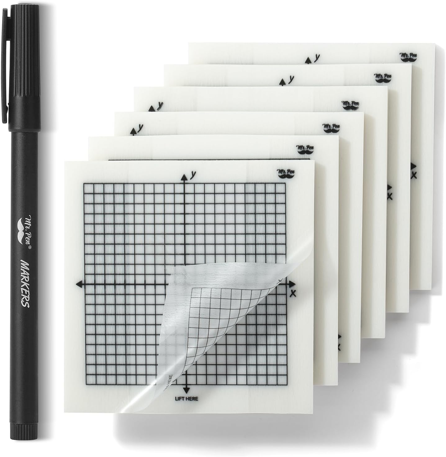 Mr. Pen- Transparent Graph Sticky Notes, 3x3 Inch, 6 Pads, 50 Sheets/Pad, 6 Grid Designs, Square Graph Paper Notes & Fineliner, Waterproof Grid Sticky Note Pads for Math, Study, Journals, Planners