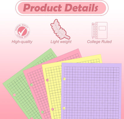 100 sheet Half Letter Graph Paper Refill 3 Hole Punch 5-1/2 x 8-1/2 College Ruled Grid Paper Pad Math Graph Paper Pad Colored Mini Binder Paper Planner Inserts Fits 3 Ring Binders For Office