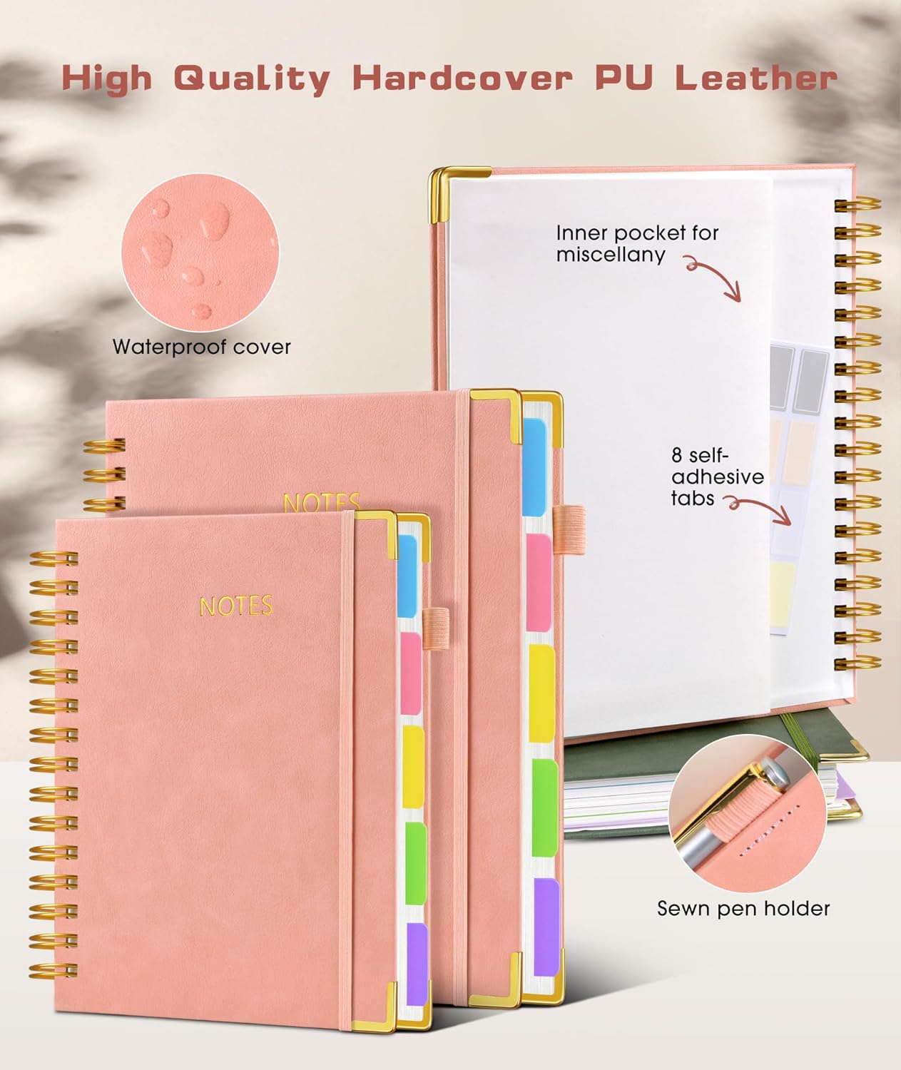 Hardcover Spiral Notebook Journal with Removable Dividers Tabs, 300 Pages Leather 5 Subject Notebook College Ruled, 8"x10" Large B5 Notebooks for Work School Note taking, Lined Journal for Women, Pink