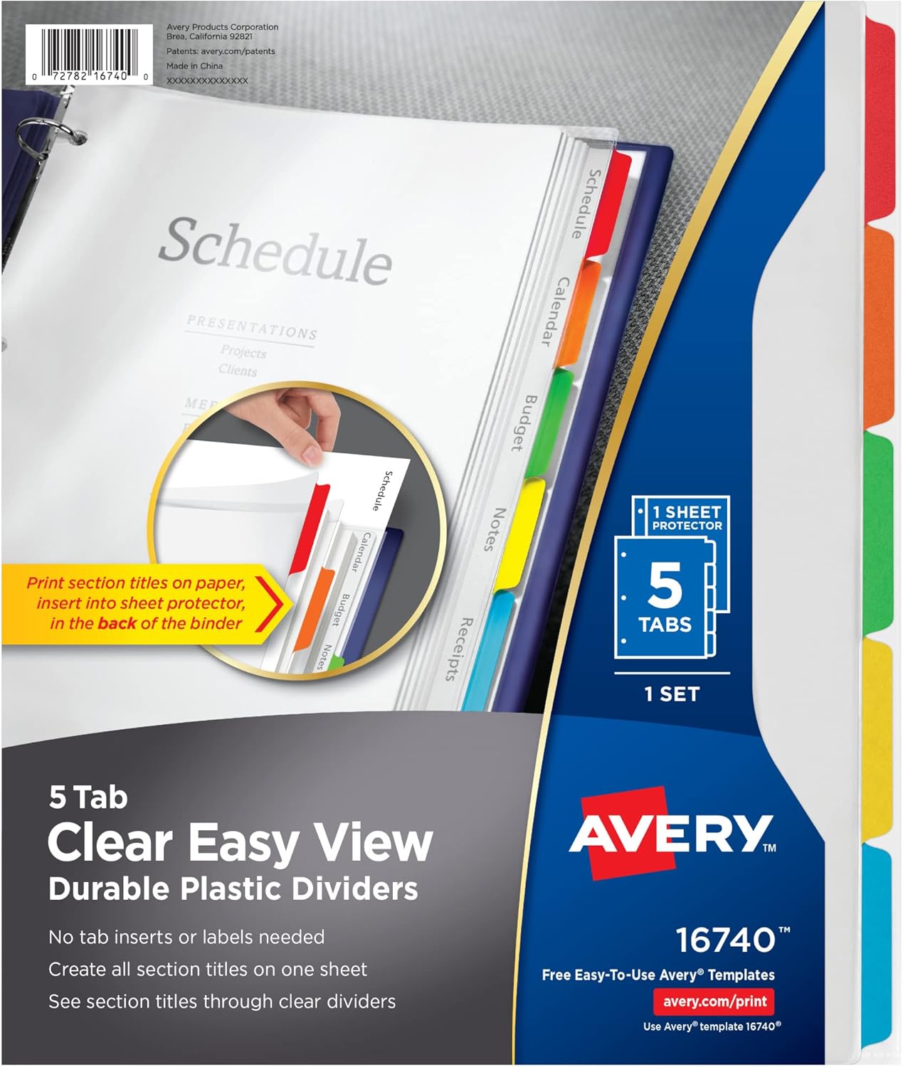 Avery Clear Easy View Durable Plastic Dividers for 3 Ring Binders, 5-Tab Set, Bright Multicolor, 1 Set (16740)