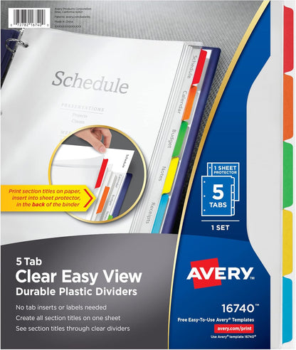 Avery Clear Easy View Durable Plastic Dividers for 3 Ring Binders, 5-Tab Set, Bright Multicolor, 1 Set (16740)
