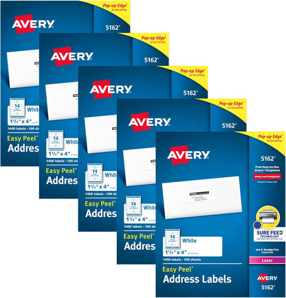 Avery Easy Peel Printable Address Labels with Sure Feed, 1-1/3" x 4", White, 1,400 Blank Mailing Labels for Laser Printers (5162)