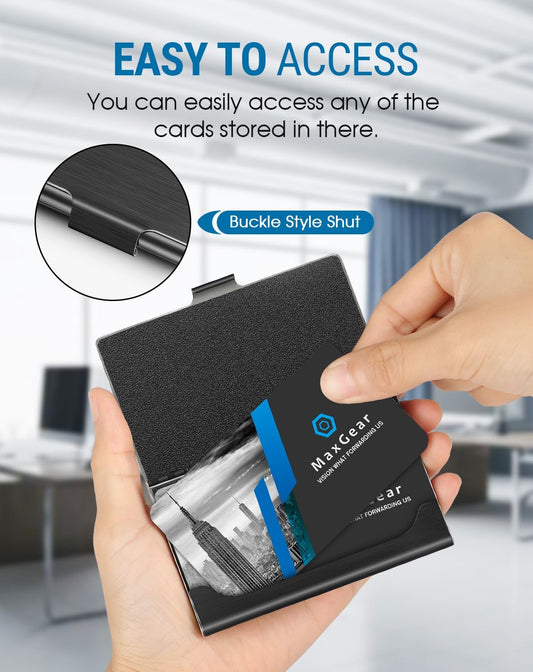 MaxGear Metal Business Card Holder for Men & Women, Professional Stainless Steel Card Case for Business Cards, Slim Purse Name Card Holders with Interior Lining, Buckle Style Shut, Black