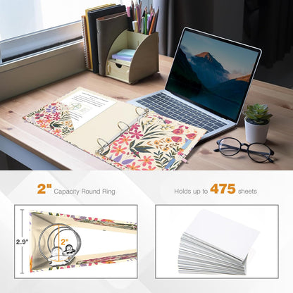 Ospelelf Binder 3 Ring 1 Inch, Floral Round Ring Clipboard Binder for Letter Size with 5 Tab Dividers, File Folder Labels, for School and Office Supplies