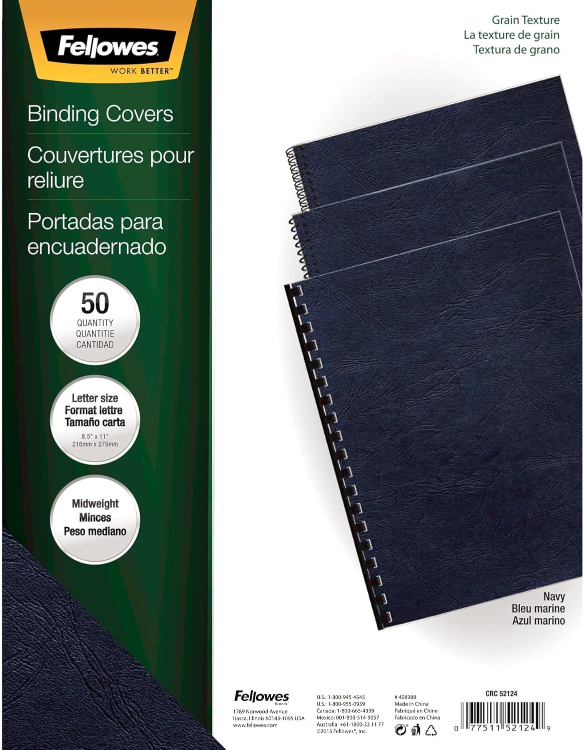 Fellowes Letter Size Binding Covers Expressions Grain, 50-Pack, Navy (52124)