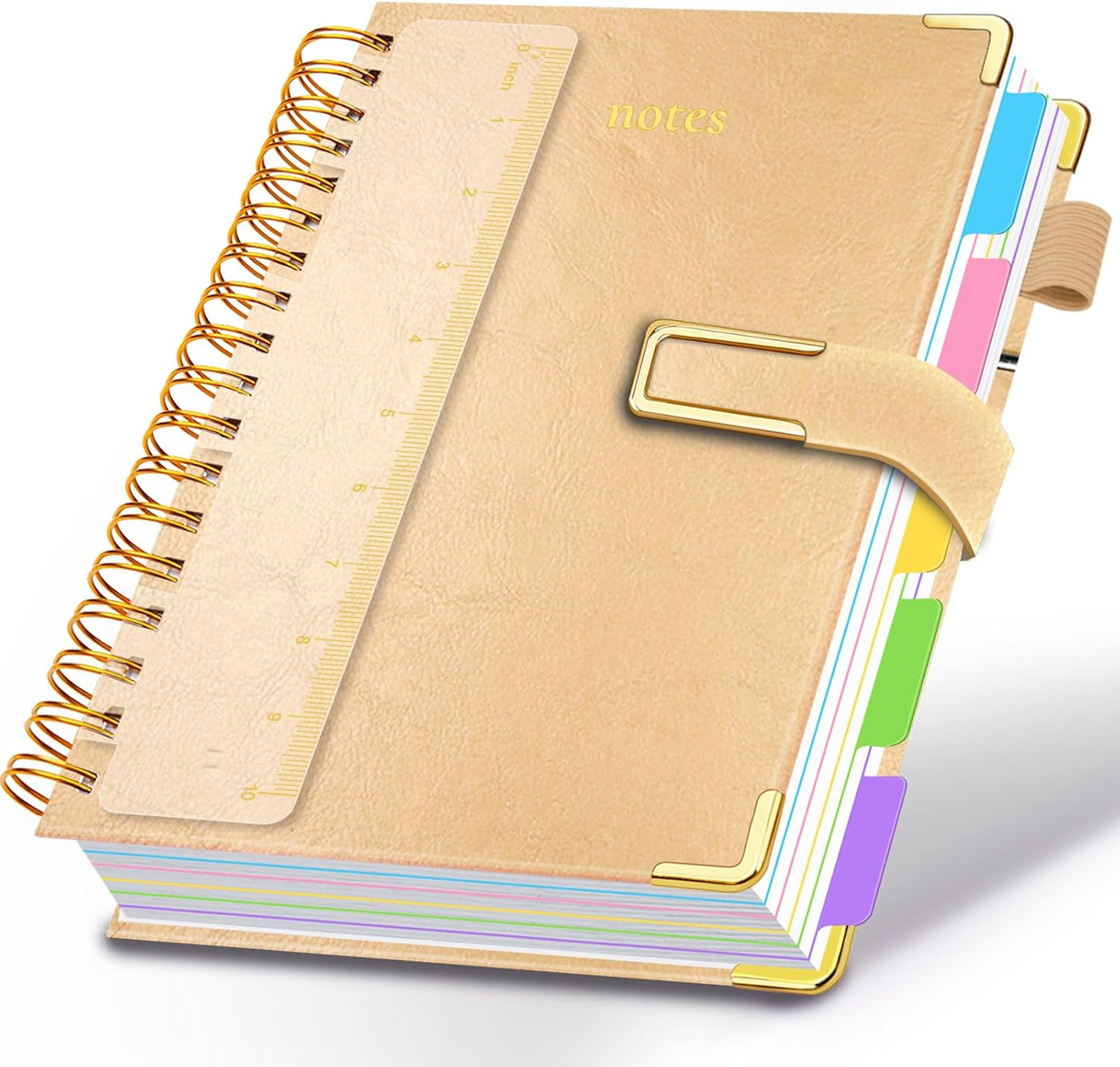 Hardcover Spiral Notebook College Ruled, 8"x10" Leather Journal Notebook with Magnetic Closure, 300 Pages 5 Subject Notebook with Dividers Tabs Journal for Women Men, Work, School(Rose Red)