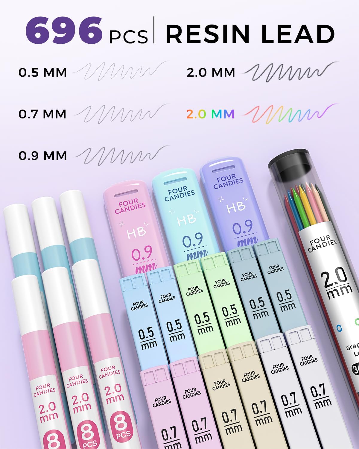 Four Candies 42PCS Aesthetic School Supplies, Mechanical Pencil Set 0.5mm, 0.7mm, 0.9mm, 2.0mm with 696 Lead Refills, Pastel Mechanical Pencils for Writing, Drawing & Drafting (Cream)